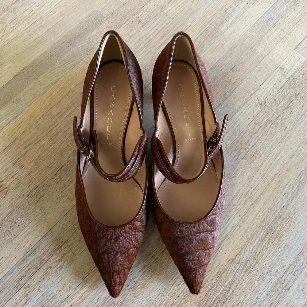 NIB Vintage Y2K Casadei Brown Gator Print Pony Hair Pointed Kitten Heels Sz‎ 8.5 - Picture 2 of 8